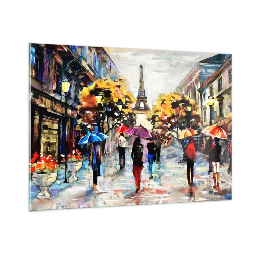 Impression sur verre - Image sur verre - La Tour Eiffel en arrière-plan des gens marchant sous des parapluies colorés - 100x70cm - Particulièrement beau en automne - Décoration murale moderne pour le salon et la chambre ARTTOR