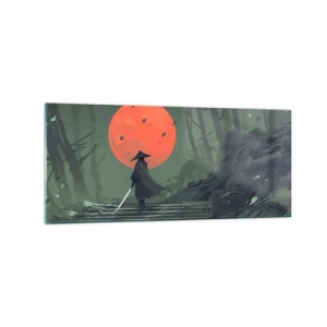 Impression sur verre - Image sur verre - Un guerrier solitaire avec une épée sur fond de lune rouge dans une forêt sombre. - 120x50cm - Guerrier de la lune rouge - Décoration murale moderne pour le salon et la chambre ARTTOR