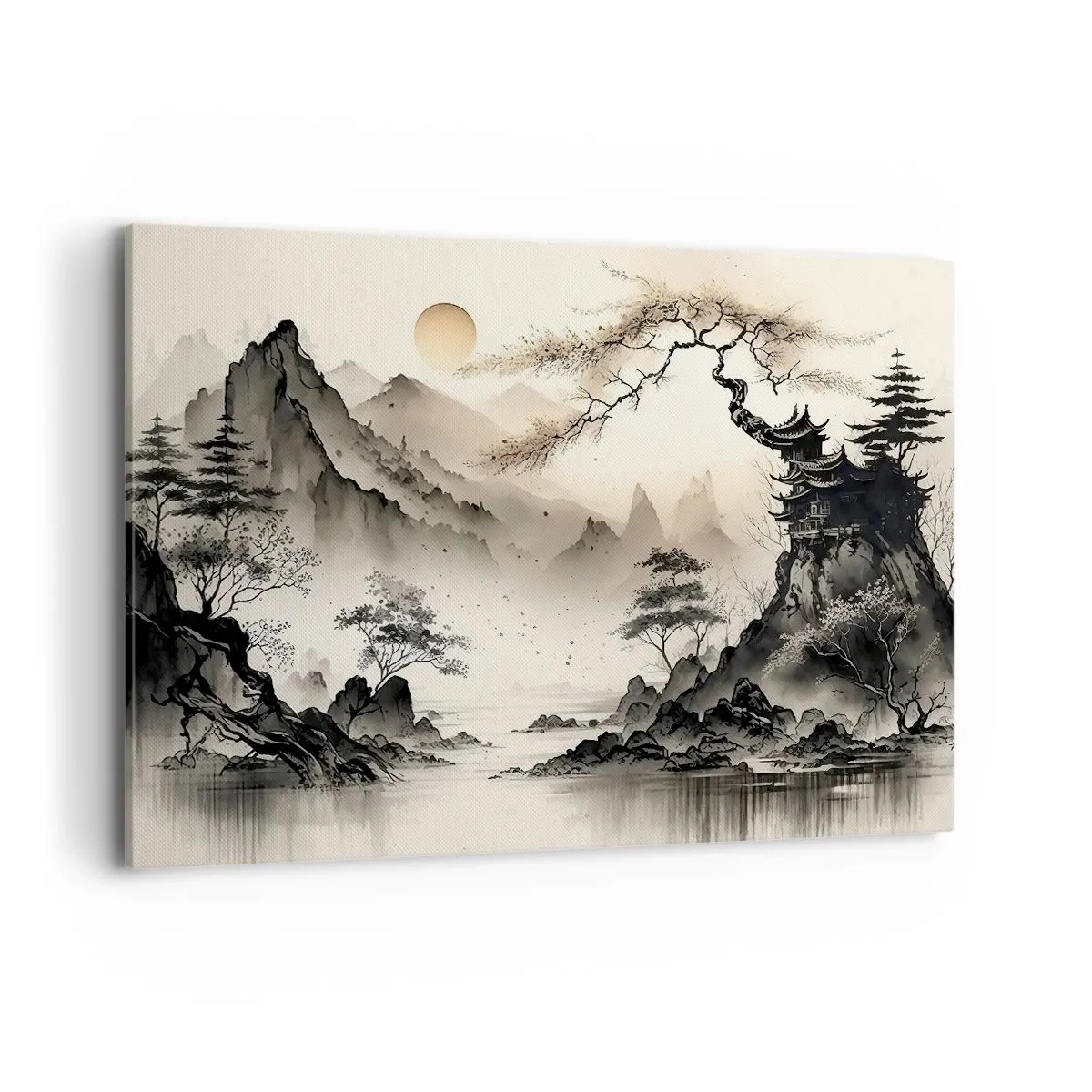 Impression sur toile - Image sur toile - Un paysage oriental avec des montagnes et une pagode aux nuances délicates. - 120x80cm - Le charme unique de l'Orient - Décoration murale moderne pour le salon et la chambre ARTTOR
