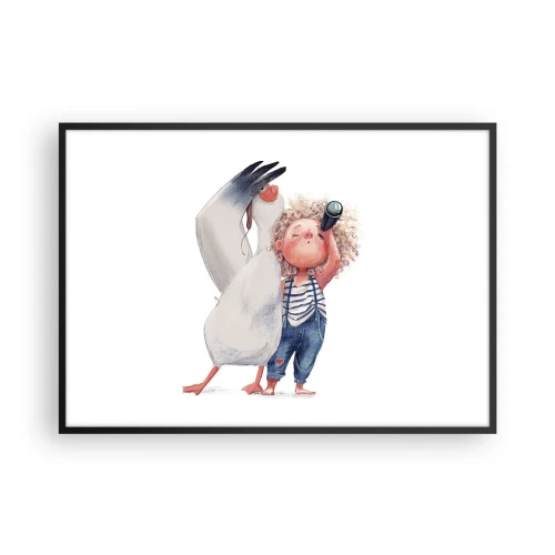 Affiche dans un cadre noir - Poster - Illustration d'un enfant avec un pélican et un télescope à la main - 100x70cm - Plan de grand voyage - Décoration murale moderne pour le salon et la chambre ARTTOR