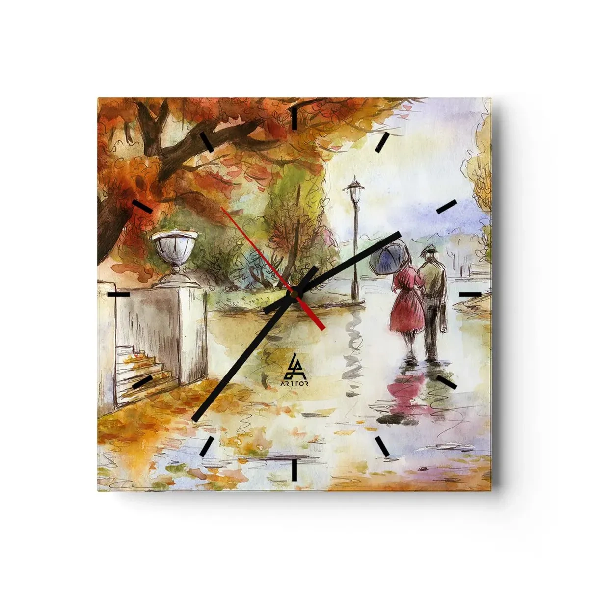 Horloge murale - Pendule murale - Une promenade dans le parc d'automne avec un parapluie - 30x30cm - Automne romantique dans le parc - Décoration murale moderne pour le salon et la chambre ARTTOR