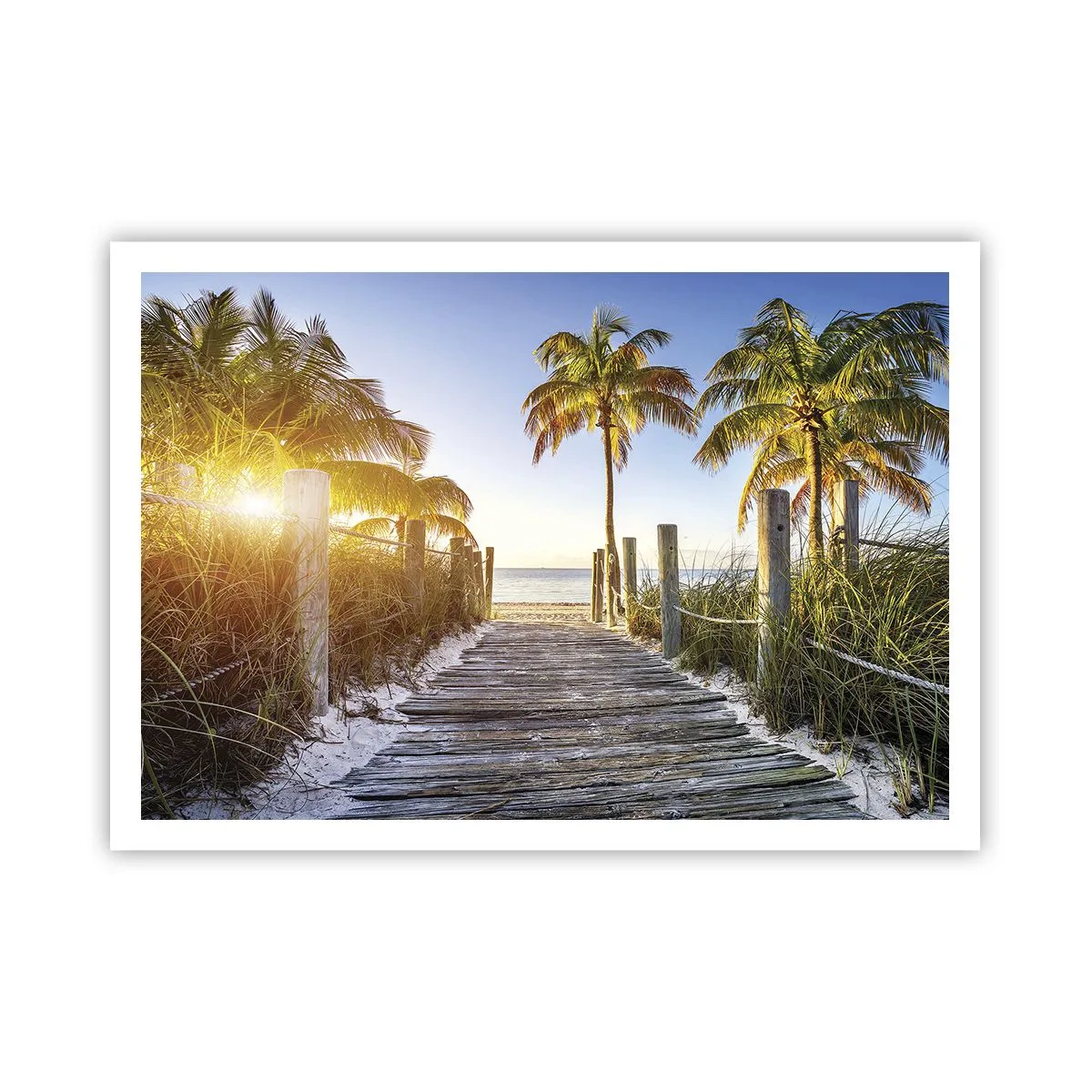 Affiche - Poster - Chemin en bois sur la plage avec des palmiers en arrière-plan - 100x70cm - Directement au paradis - Décoration murale moderne pour le salon et la chambre ARTTOR
