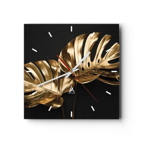 Horloge murale - Pendule murale - Feuilles de monstera dorées sur fond noir - 30x30cm - Les trésors de la nature - Décoration murale moderne pour le salon et la chambre ARTTOR