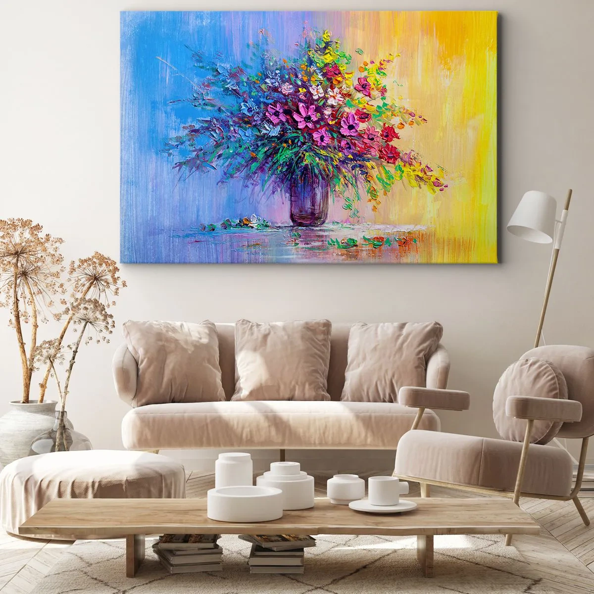 Impression sur toile - Image sur toile - Un bouquet de fleurs colorées dans un vase sur un fond dégradé - 120x80cm - Cadeau d'été de la prairie - Décoration murale moderne pour le salon et la chambre ARTTOR