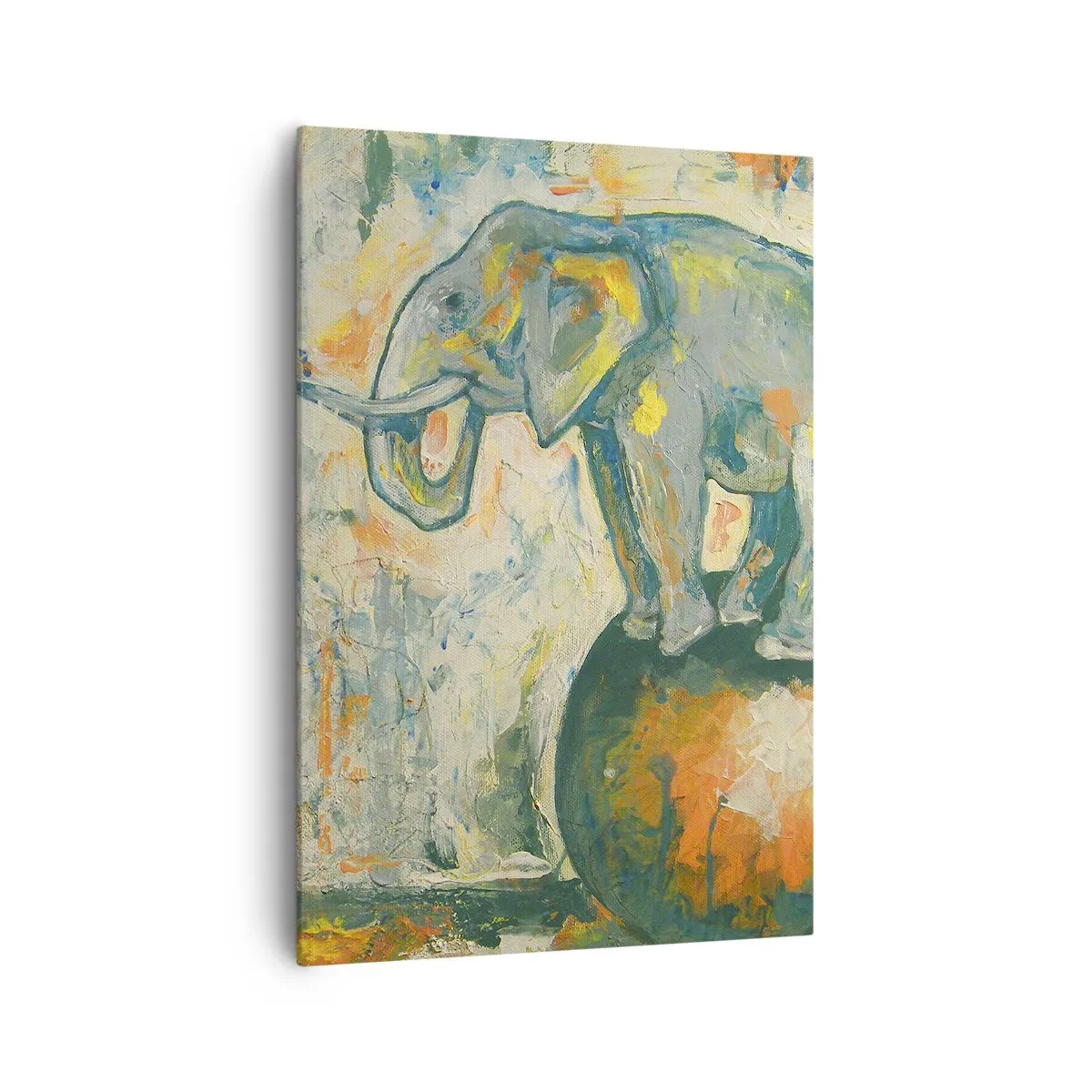 Impression sur toile - Image sur toile - Un éléphant en équilibre sur une balle dans un style artistique - 70x100cm - Que vive le cirque ! - Décoration murale moderne pour le salon et la chambre ARTTOR