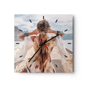 Horloge murale - Pendule murale - Femme sur un bateau surplombant les montagnes et l'eau, style bohème - 30x30cm - En route vers le bonheur - Décoration murale moderne pour le salon et la chambre ARTTOR