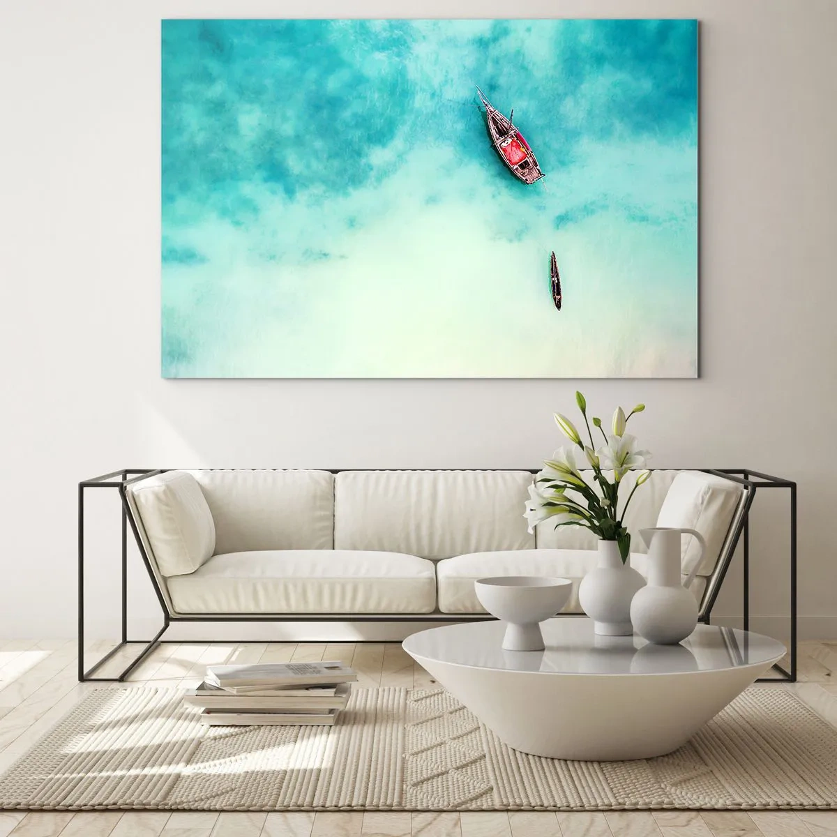 Impression sur verre - Image sur verre - Bateaux sur une eau azur dans un cadre paisible - 120x80cm - Car sur les plages de Zanzibar, quand il y a un débordement d'eau... - Décoration murale moderne pour le salon et la chambre ARTTOR