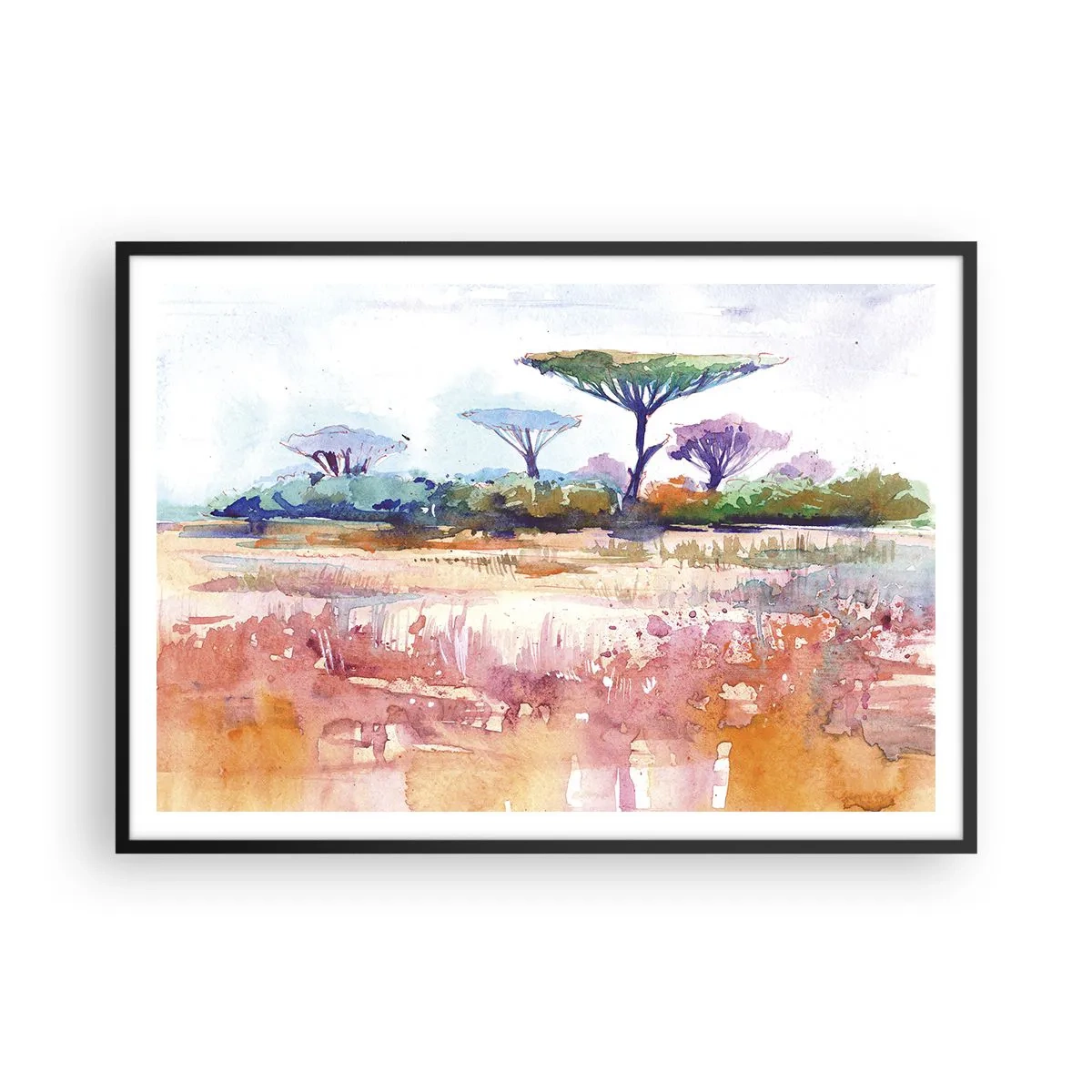 Affiche dans un cadre noir - Poster - Un paysage de savane pittoresque aux couleurs aquarelles - 100x70cm - Couleurs de savane - Décoration murale moderne pour le salon et la chambre ARTTOR
