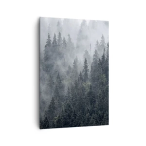 Impression sur toile - Image sur toile - Forêt de conifères brumeuse aux tons gris et verts - 70x100cm - Aube de la forêt - Décoration murale moderne pour le salon et la chambre ARTTOR