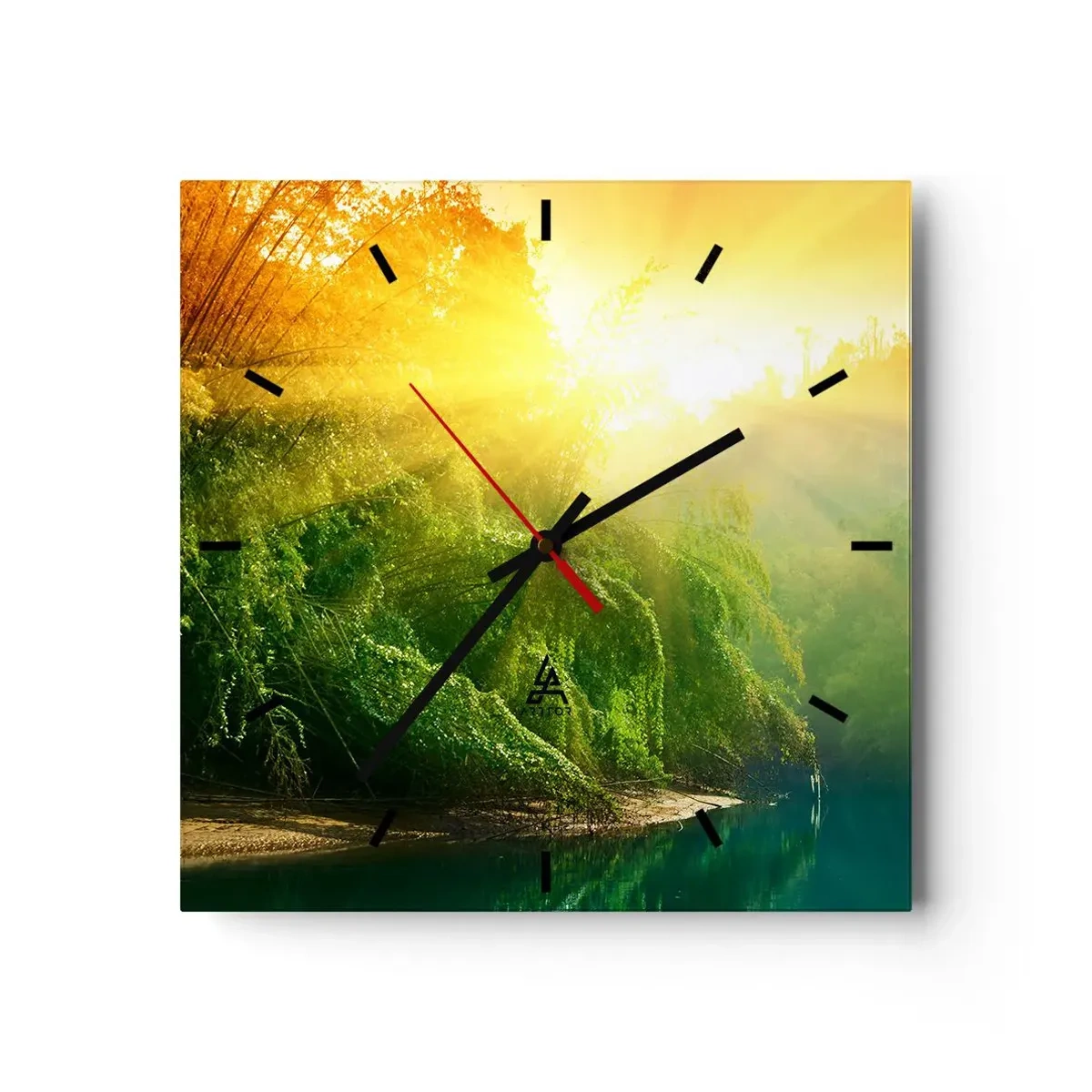 Horloge murale - Pendule murale - Une forêt verte au bord de la rivière, illuminée par les rayons du soleil levant - 30x30cm - Se noyer au soleil et à l'ombre - Décoration murale moderne pour le salon et la chambre ARTTOR
