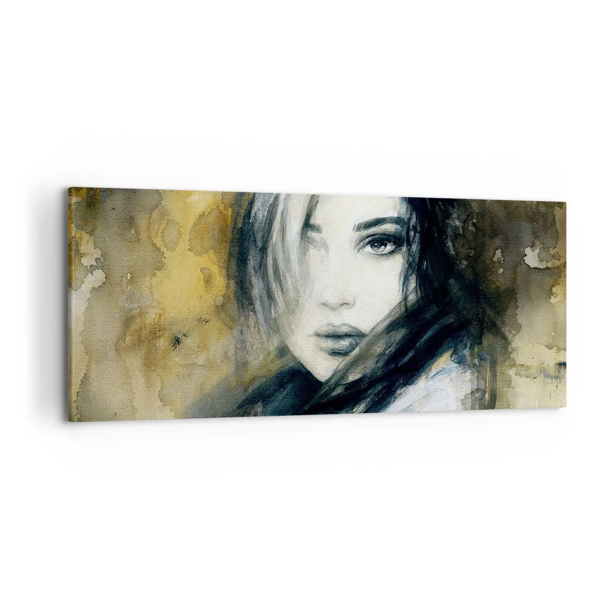 Impression sur toile - Image sur toile - Portrait d'une femme sur fond de taches abstraites dans les tons beiges - 120x50cm - plutôt innocente ou sensuelle ? - Décoration murale moderne pour le salon et la chambre ARTTOR