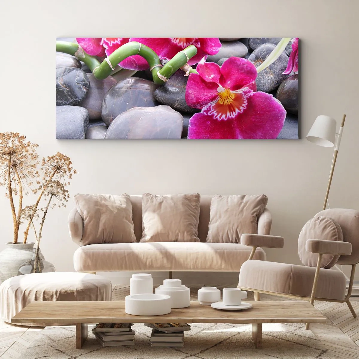 Impression sur toile - Image sur toile - Orchidées roses sur fond de pierres lisses - 120x50cm - Refroidir et chauffer - Décoration murale moderne pour le salon et la chambre ARTTOR