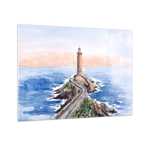 Impression sur verre - Image sur verre - Un phare sur un promontoire rocheux entouré d'une mer calme - 70x50cm - Face à la mer - Décoration murale moderne pour le salon et la chambre ARTTOR