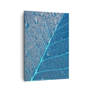 Impression sur toile - Image sur toile - Une feuille dans des tons bleus avec des gouttes d'eau - 50x70cm - La vie en bleu - Décoration murale moderne pour le salon et la chambre ARTTOR