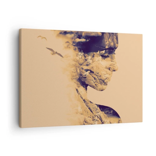 Impression sur toile - Image sur toile - Profil d'une femme avec la nature en arrière-plan dans des tons chauds - 70x50cm - Beauté de la nature - Décoration murale moderne pour le salon et la chambre ARTTOR