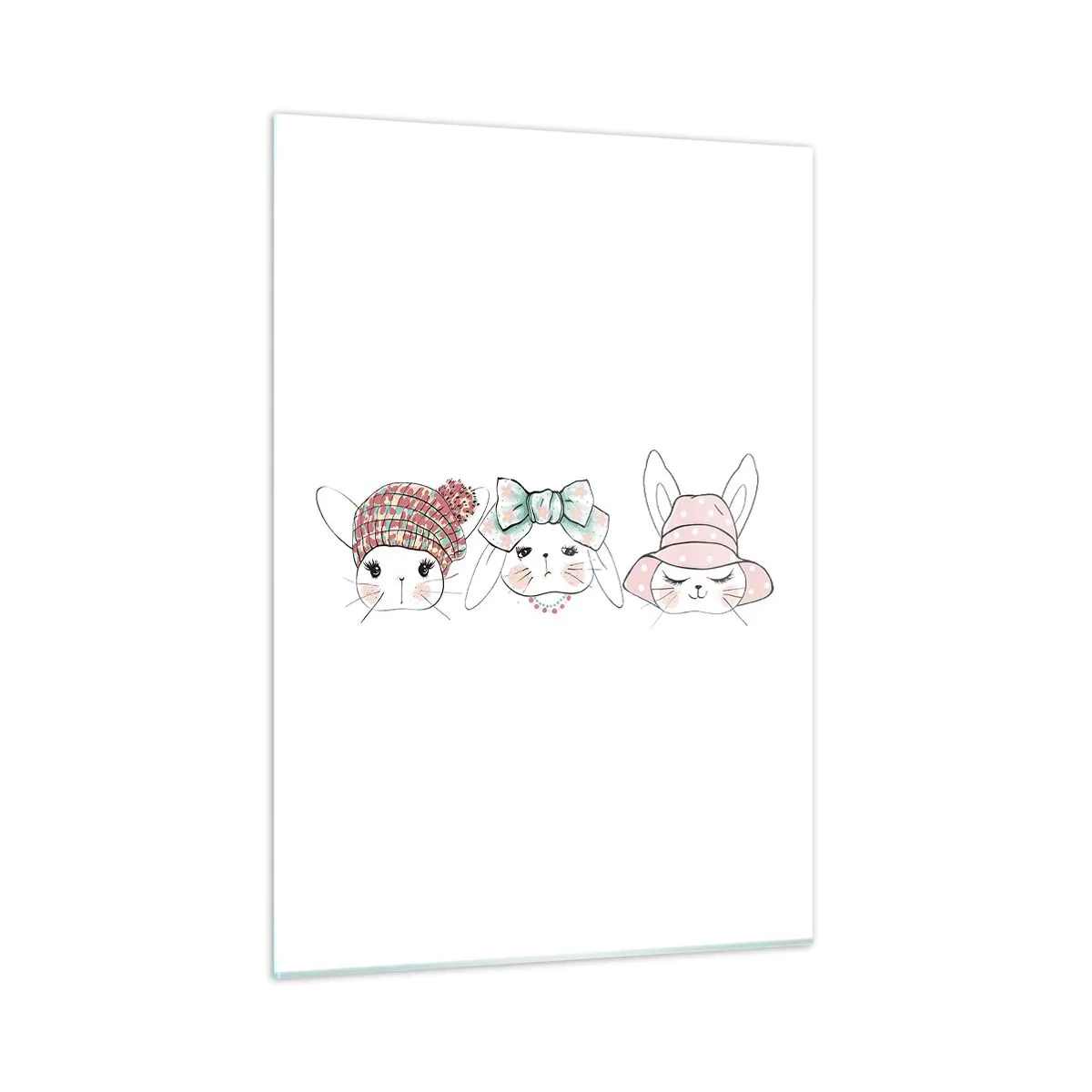 Impression sur verre - Image sur verre - Des lapins mignons avec des chapeaux et des nœuds - 50x70cm - Pensif, triste, satisfait - Décoration murale moderne pour le salon et la chambre ARTTOR