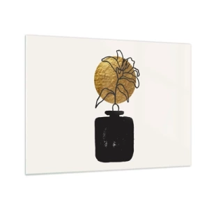 Impression sur verre - Image sur verre - Graphique minimaliste avec une fleur dans un cercle doré et un vase noir - 70x50cm - La beauté vaut son pesant d'or - Décoration murale moderne pour le salon et la chambre ARTTOR