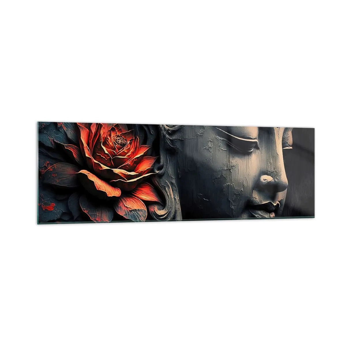 Impression sur verre - Image sur verre - Sculpture de Bouddha avec une fleur de lotus rouge - 160x50cm - En harmonie avec le monde - Décoration murale moderne pour le salon et la chambre ARTTOR