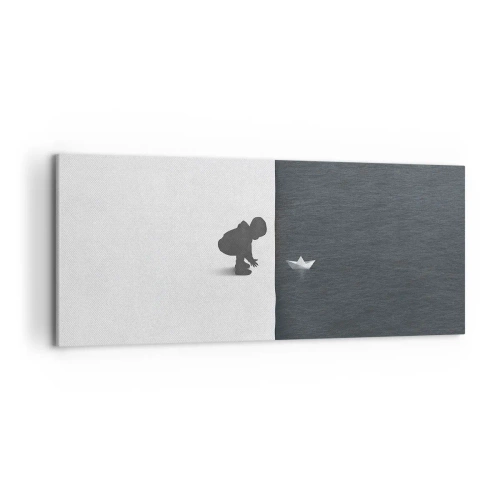 Impression sur toile - Image sur toile - Une figure d'enfant avec un bateau en papier sur un fond de moitiés contrastées - 120x50cm - Grande expédition - Décoration murale moderne pour le salon et la chambre ARTTOR