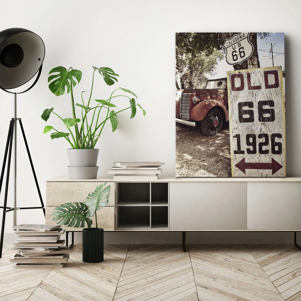 Impression sur toile - Image sur toile - Voiture rétro et panneau Route 66 dans un cadre rustique - 70x100cm - La légende de la province américaine - Décoration murale moderne pour le salon et la chambre ARTTOR