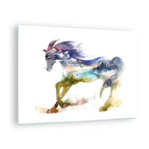 Impression sur verre - Image sur verre - Aquarelle d'un cheval avec un paysage de montagne en silhouette - 70x50cm - De la prairie directement au ciel - Décoration murale moderne pour le salon et la chambre ARTTOR