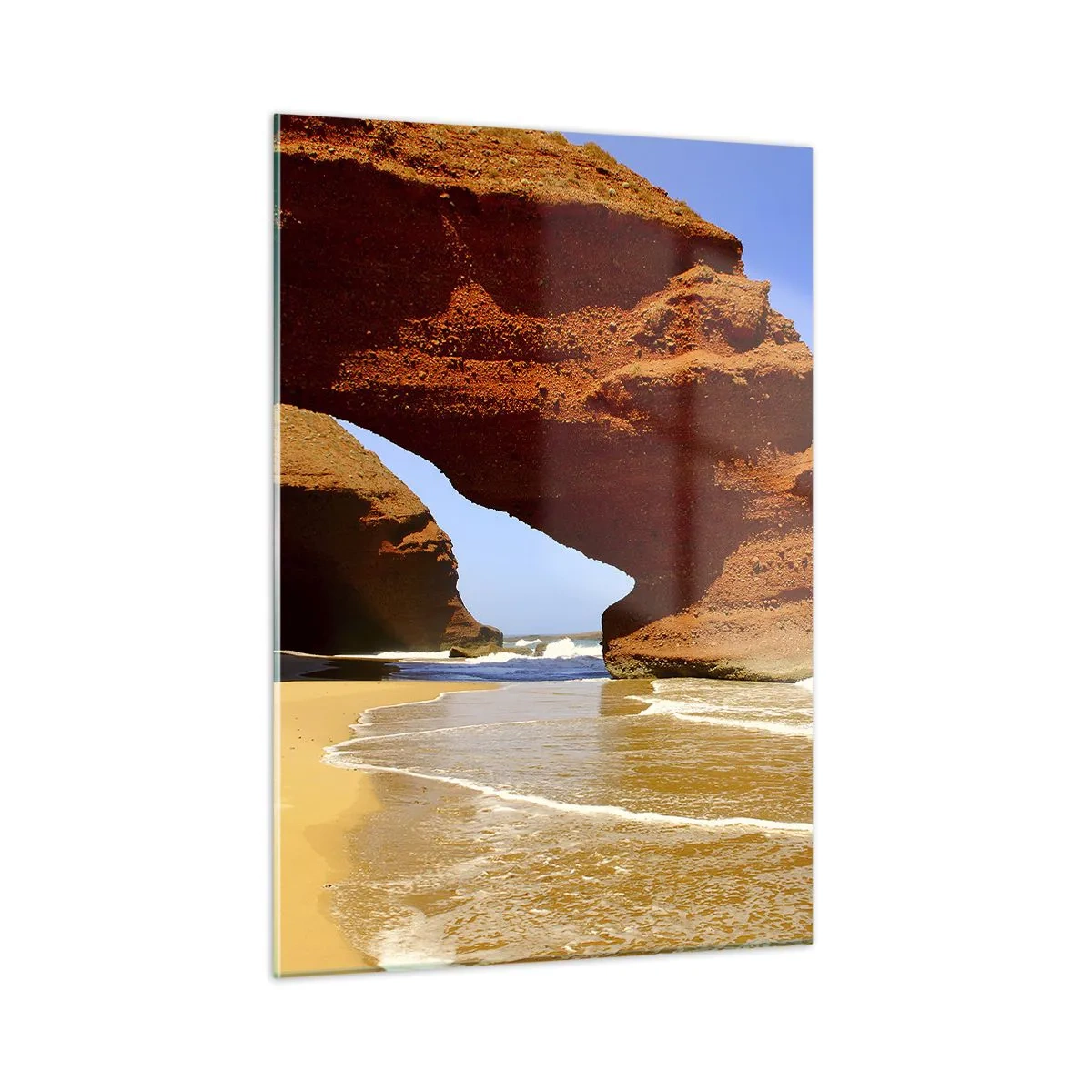 Impression sur verre - Image sur verre - Arches de roche rouge sur la plage et l'océan - 50x70cm - L'eau et le vent depuis des milliers d'années - Décoration murale moderne pour le salon et la chambre ARTTOR