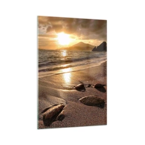 Impression sur verre - Image sur verre - Plage au coucher du soleil avec des pierres sur le rivage - 70x100cm - Suivez le soleil sur les collines - Décoration murale moderne pour le salon et la chambre ARTTOR
