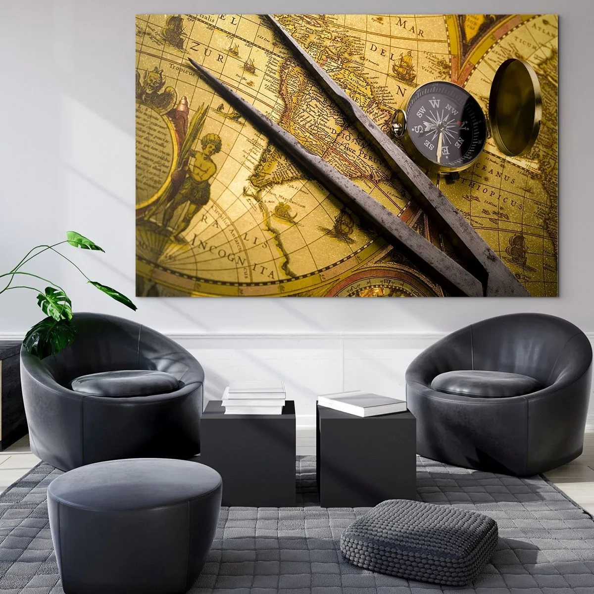 Impression sur verre - Image sur verre - Ancienne carte avec boussole et compas - 70x50cm - Où sont ces trésors? - Décoration murale moderne pour le salon et la chambre ARTTOR
