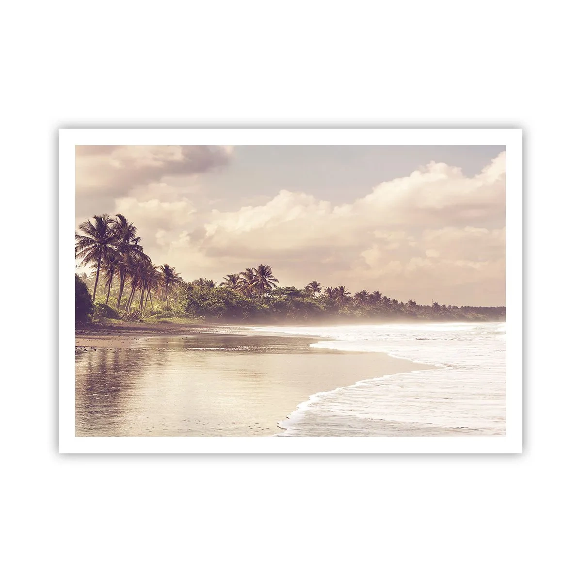 Affiche - Poster - Une plage avec des palmiers et des vagues douces le matin - 100x70cm - La caresse des vagues - Décoration murale moderne pour le salon et la chambre ARTTOR