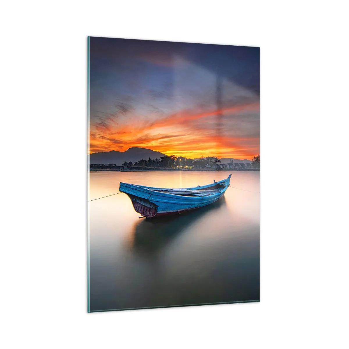 Impression sur verre - Image sur verre - Bateau en bois sur le lac au coucher du soleil - 50x70cm - Une bonne nuit arrive - Décoration murale moderne pour le salon et la chambre ARTTOR