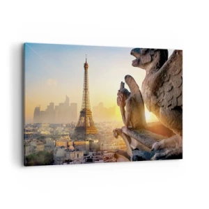 Impression sur toile - Image sur toile - Vue de la Tour Eiffel avec des gargouilles en arrière-plan - 120x80cm - Tellement de choses ont changés... - Décoration murale moderne pour le salon et la chambre ARTTOR