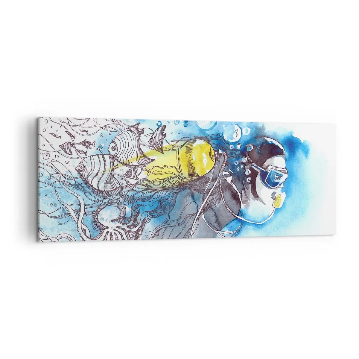 Impression sur toile - Image sur toile - Scène sous-marine avec un plongeur et des poissons exotiques - 140x50cm - Le grand bleu - Décoration murale moderne pour le salon et la chambre ARTTOR