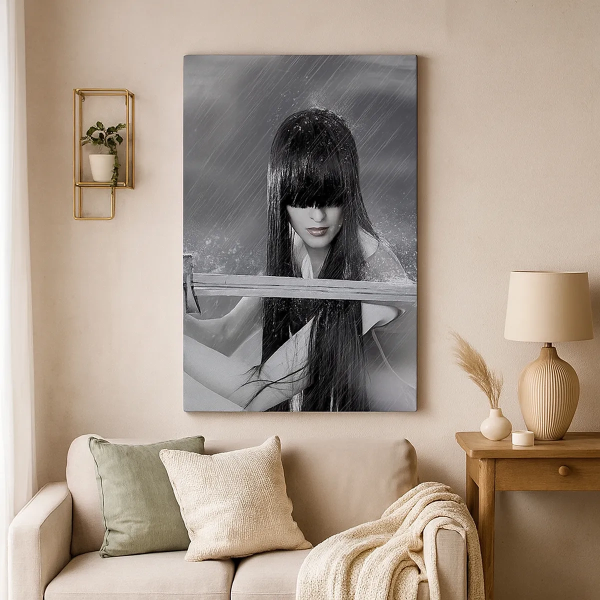 Impression sur toile - Image sur toile - Une femme avec une épée sous la pluie avec une apparence dynamique et mystérieuse - 50x70cm - Belle et dangereuse - Décoration murale moderne pour le salon et la chambre ARTTOR