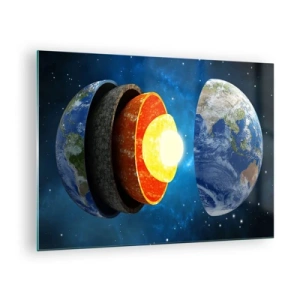 Impression sur verre - Image sur verre - Une coupe transversale de la Terre montrant ses couches sur fond d'espace. - 70x50cm - Voyage au centre de la terre - Décoration murale moderne pour le salon et la chambre ARTTOR