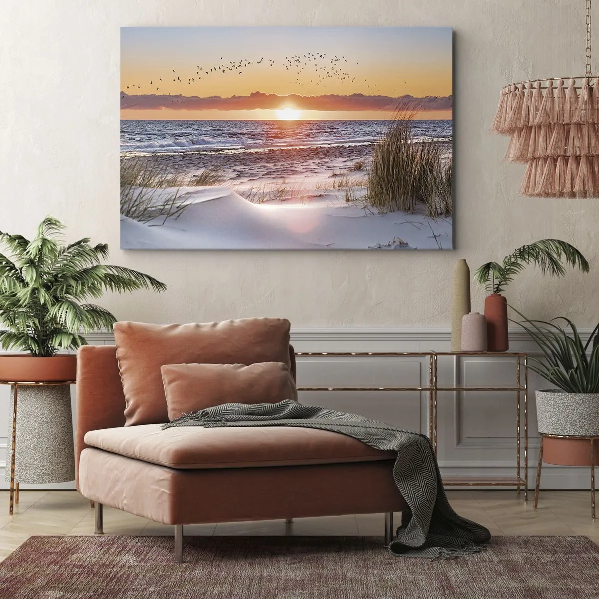 Impression sur toile - Image sur toile - Coucher de soleil sur la mer avec vue sur les dunes - 120x80cm - Paysage horizontal - Décoration murale moderne pour le salon et la chambre ARTTOR