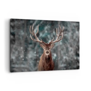 Impression sur toile - Image sur toile - Cerf dans une forêt d'hiver avec de la neige qui tombe - 120x80cm - Roi de la forêt couronné - Décoration murale moderne pour le salon et la chambre ARTTOR