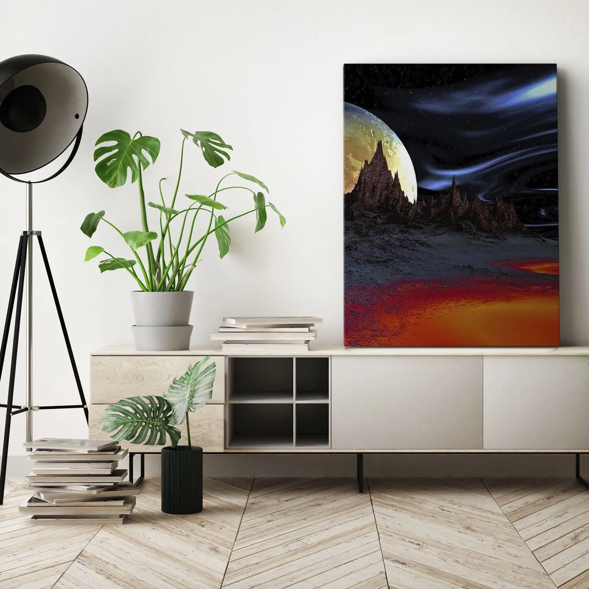 Impression sur toile - Image sur toile - Un paysage fantastique avec des planètes et des paysages volcaniques - 70x100cm - Monde inconnu - Décoration murale moderne pour le salon et la chambre ARTTOR