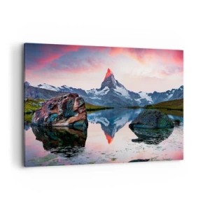 Impression sur toile - Image sur toile - Un sommet de montagne se reflétant dans un lac au coucher du soleil - 120x80cm - Le coeur des montagnes est chaud - Décoration murale moderne pour le salon et la chambre ARTTOR