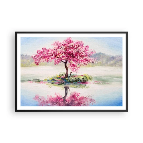 Affiche dans un cadre noir - Poster - Un arbre en fleurs sur une eau calme - 100x70cm - Fête du Printemps - Décoration murale moderne pour le salon et la chambre ARTTOR