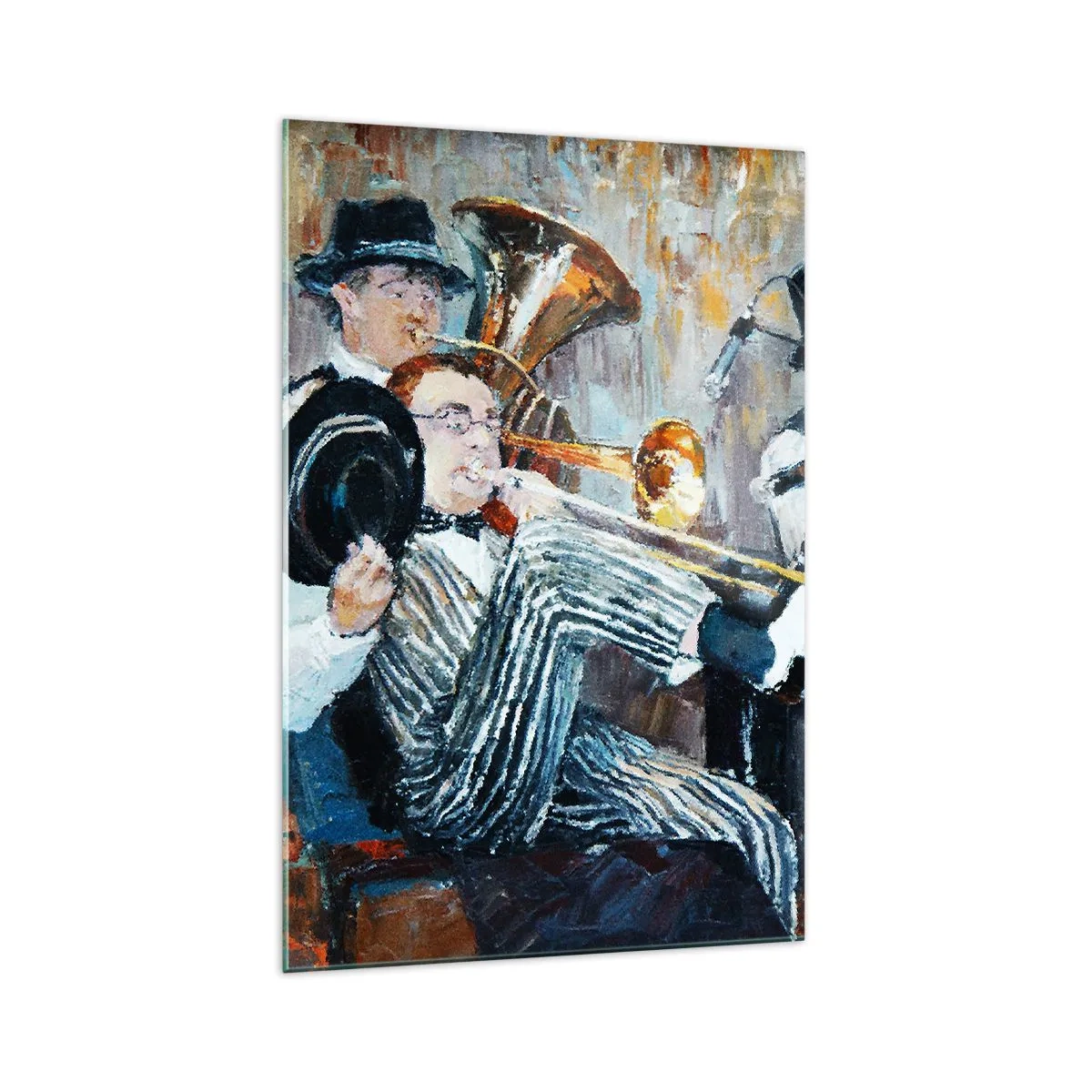 Impression sur verre - Image sur verre - Des musiciens de jazz dans un style pictural lors d'un concert - 70x100cm - C'est tout le Jazz - Décoration murale moderne pour le salon et la chambre ARTTOR