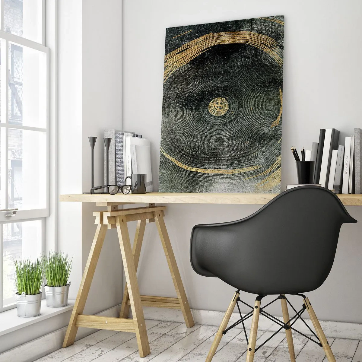 Impression sur verre - Image sur verre - Coupe transversale d'un tronc d'arbre avec détails et accents dorés - 50x70cm - Changement et persistance - Décoration murale moderne pour le salon et la chambre ARTTOR