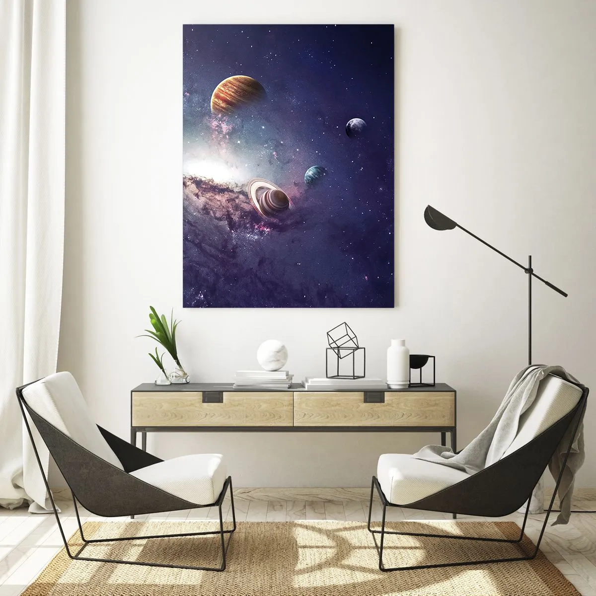Impression sur verre - Image sur verre - Planètes dans une galaxie avec une nébuleuse en arrière-plan - 70x100cm - Système de danse solaire - Décoration murale moderne pour le salon et la chambre ARTTOR