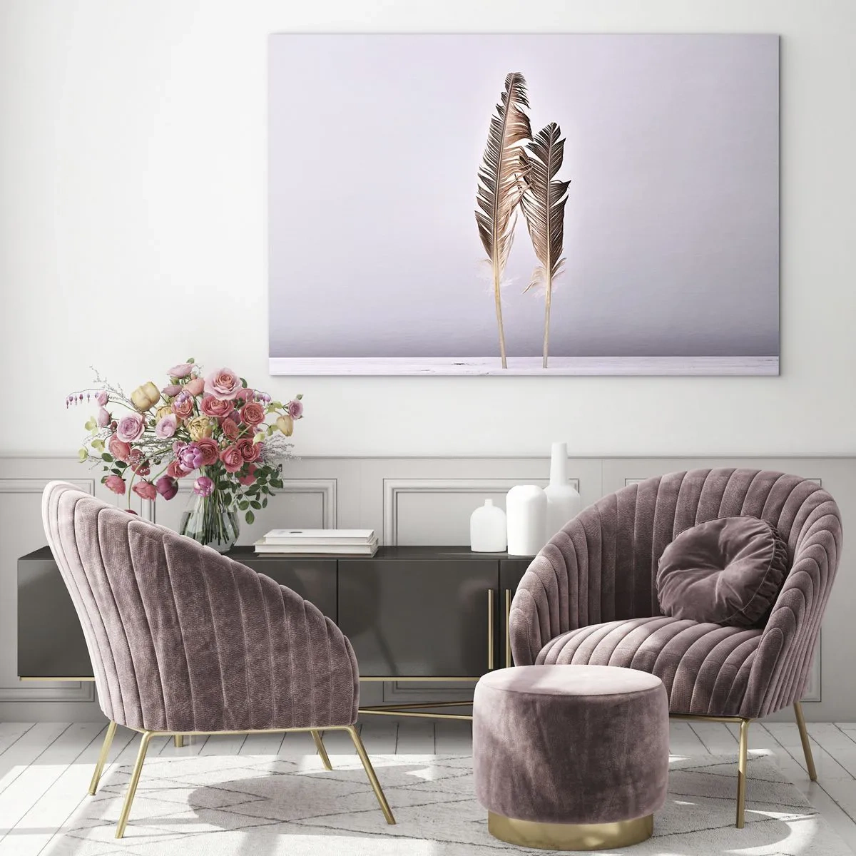 Impression sur verre - Image sur verre - Deux plumes délicates sur un fond clair - 70x50cm - Face au néant - Décoration murale moderne pour le salon et la chambre ARTTOR