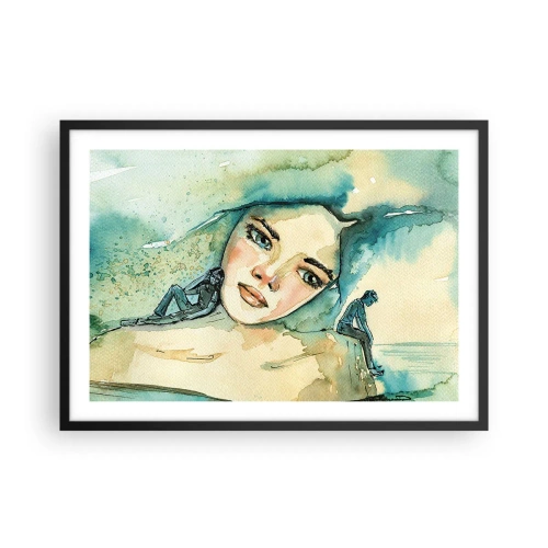 Affiche dans un cadre noir - Poster - Aquarelle d'un visage de femme avec un motif réfléchissant - 70x50cm - Suis-je bleu? - Décoration murale moderne pour le salon et la chambre ARTTOR