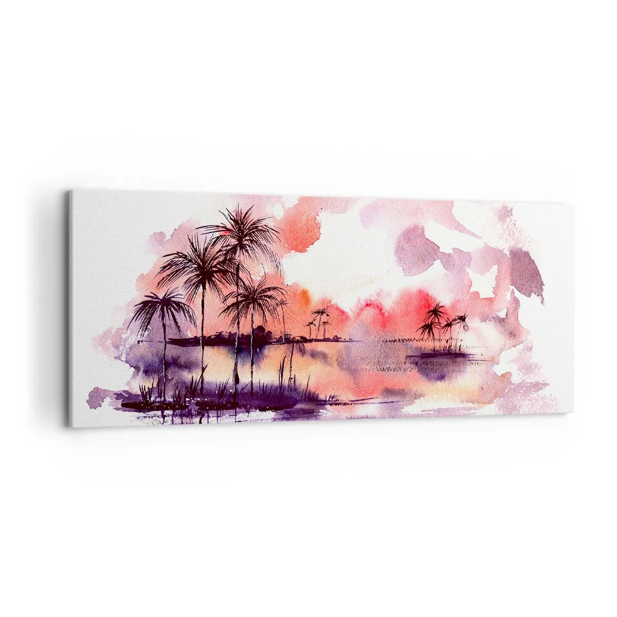 Impression sur toile - Image sur toile - Paysage tropical avec palmiers au coucher du soleil à l'aquarelle - 120x50cm - La tranquillité des tropiques en rouge - Décoration murale moderne pour le salon et la chambre ARTTOR