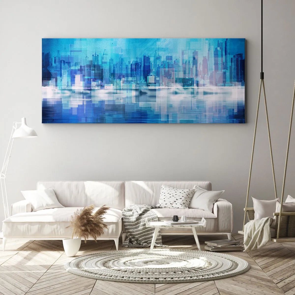 Impression sur toile - Image sur toile - Panorama urbain abstrait dans des tons bleus - 160x50cm - Noyé dans le bleu - Décoration murale moderne pour le salon et la chambre ARTTOR