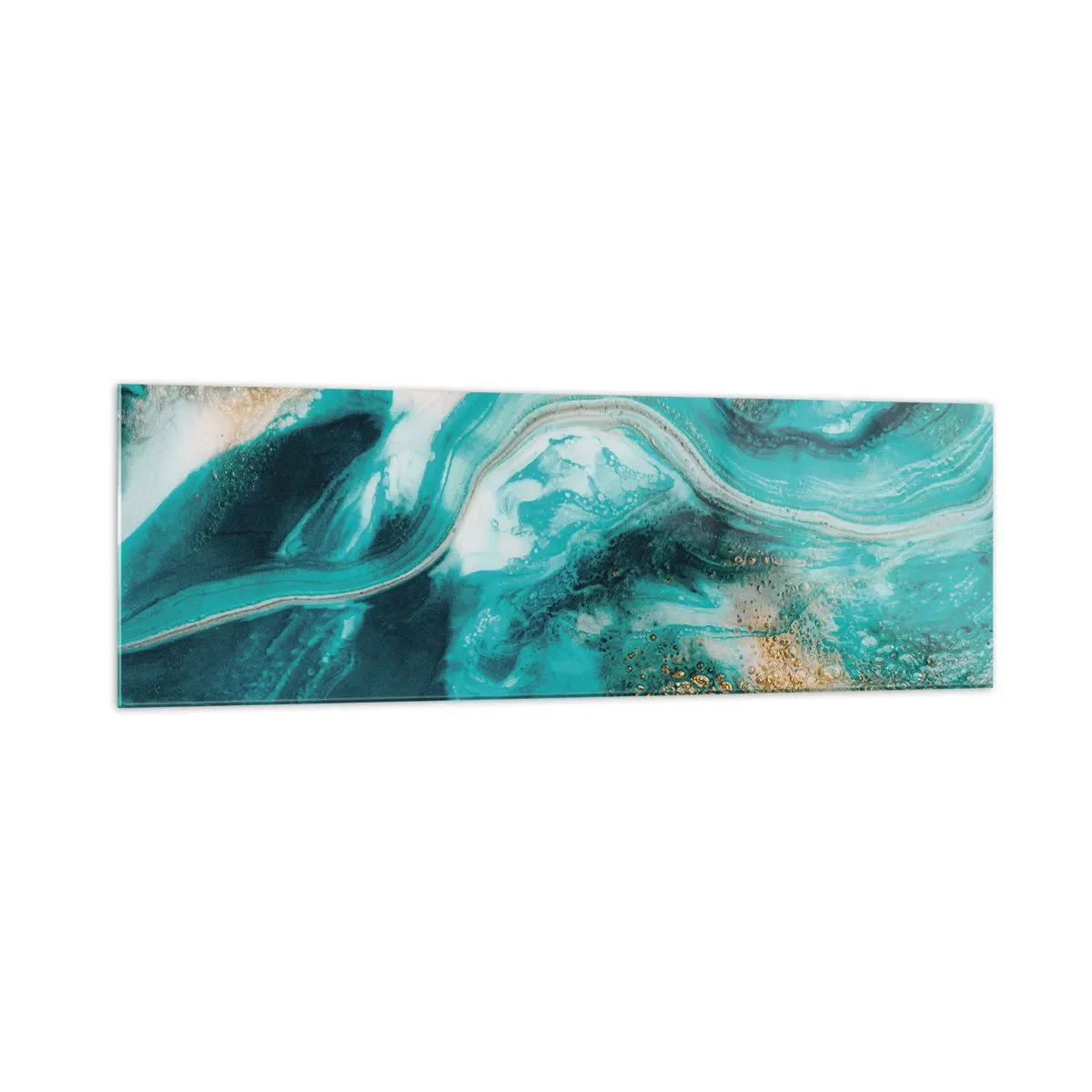 Impression sur verre - Image sur verre - Abstraction turquoise avec des accents blancs et dorés - 160x50cm - Rivière d'or - Décoration murale moderne pour le salon et la chambre ARTTOR