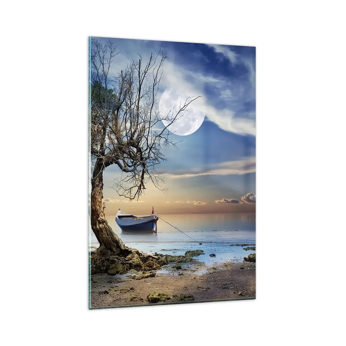 Impression sur verre - Image sur verre - Un arbre solitaire et un bateau sur une eau calme sous la pleine lune. - 80x120cm - Est-ce la fin ou le début ? - Décoration murale moderne pour le salon et la chambre ARTTOR