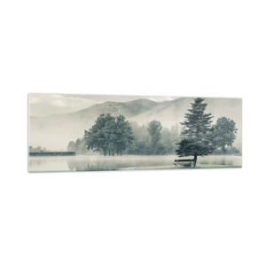 Impression sur verre - Image sur verre - Un lac pittoresque avec un banc et du brouillard en arrière-plan - 160x50cm - Le lac dort encore - Décoration murale moderne pour le salon et la chambre ARTTOR