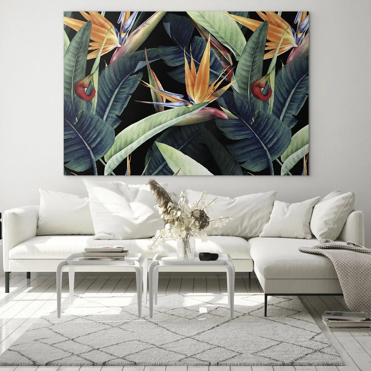 Impression sur verre - Image sur verre - Fleurs de Strelitzia et feuilles tropicales sur fond noir - 70x50cm - Fleurs flamboyantes des tropiques - Décoration murale moderne pour le salon et la chambre ARTTOR
